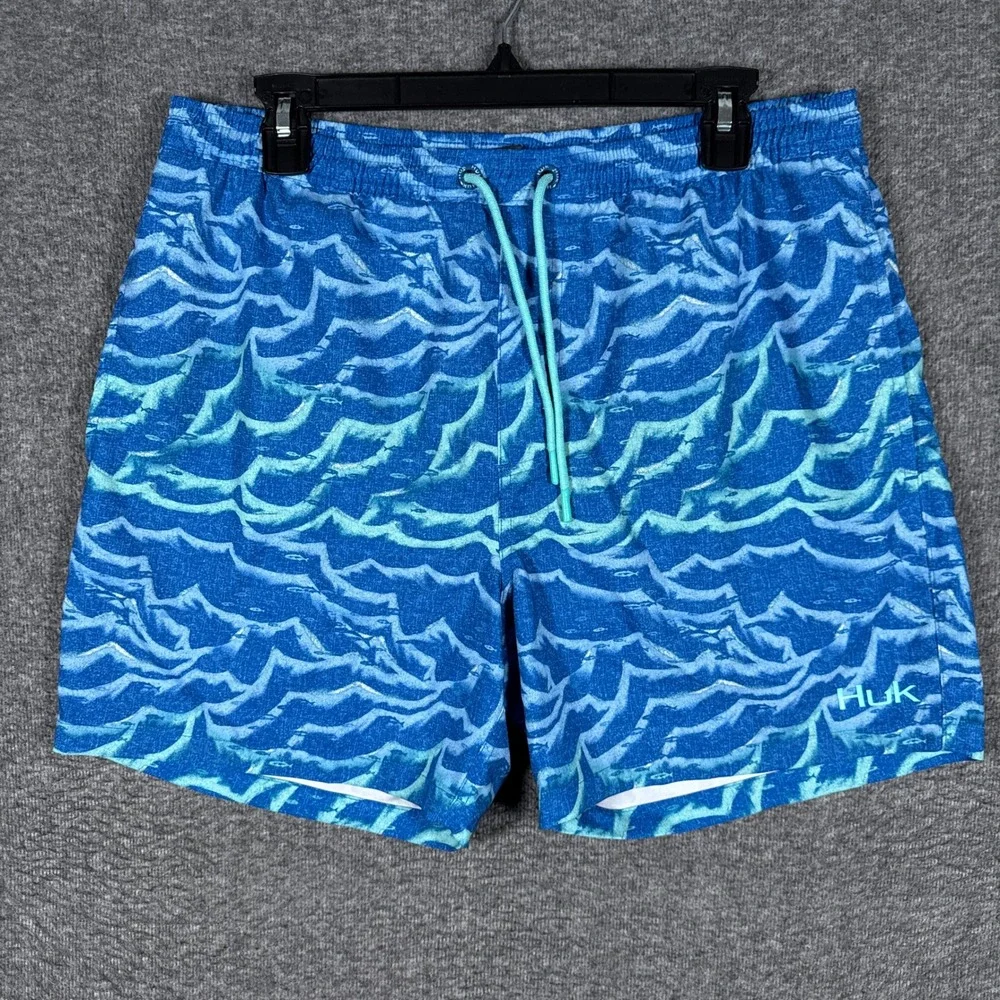 HUK Waves Volley Swim Trunk Shorts Mens Medium Blue Lined Drawstring Stretch